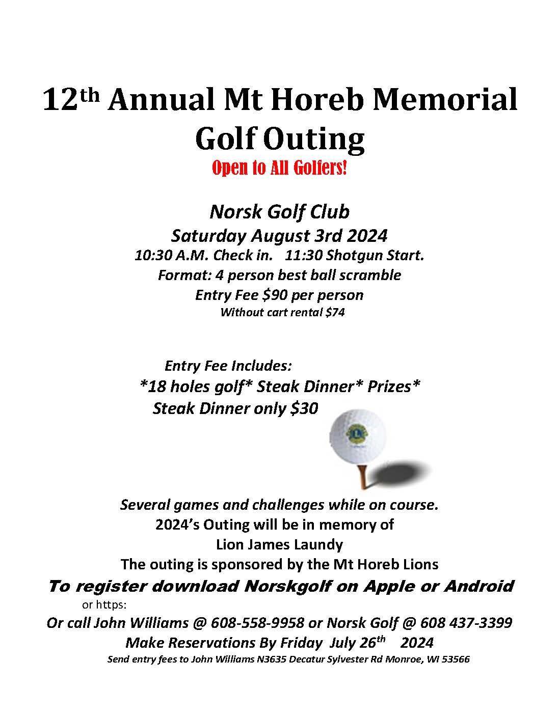 Mt Horeb Lions 12th Annual Memorial Golf Outing 2024